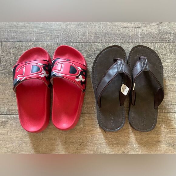 Bundle of two pairs boys size 13-1 champion slides and old navy leather sandals - Picture 1 of 9